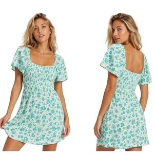 Billabong Mint Green Floral Smocked Mini Dress Short Flutter Sleeve Womens Small